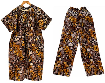 Kimono Top Trousers Two-piece Set Ready to wear outfits African Ankara Print 100% Cotton Size 12, 14, 16, 18 Black Brown Yellow