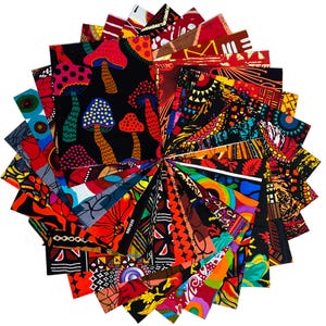 May include: A circular arrangement of patterned fabric squares. The fabrics display diverse designs, such as mushrooms, geometric shapes, and floral motifs. The colour scheme includes red, black, orange, and blue.