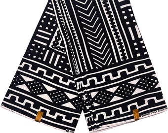 Tela africana estampada en blanco y negro: material de costura de algodón Ankara