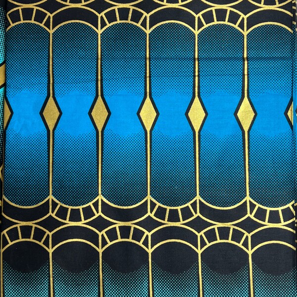 Royal Blue & Golden Medallion Ankara Fabric with Abstract Square Motif for Statement Apparel