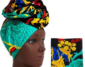 African Wax Print Head Wrap – Cotton Ankara Head Scarf 21x71, Floral Headwrap, Large Turban Wrap, Gele Head Tie