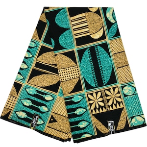 May include: Black and gold fabric with a geometric pattern of circles, leaves, and flowers. The fabric is made of cotton and is suitable for quilting, sewing, and crafting.