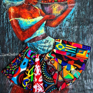 May include: An artistic painting of a person carrying a bowl of fruit, with a collection of colorful patterned fabrics fanned out below. The fabrics display vibrant geometric and floral designs in red, blue, yellow, and black.