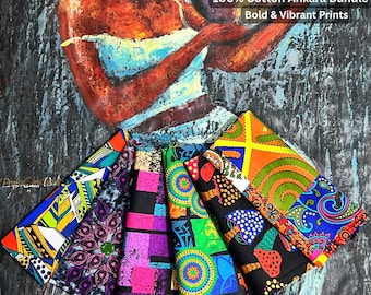May include: A bundle of six Ankara fabrics, each with bold and vibrant prints. The fabrics are 100% cotton and come in various colors and patterns, including geometric shapes and floral designs. The image also features an artistic painting in the background.