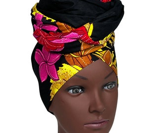African Print Head Wrap – Black Floral Cotton Head Scarf 21x71, Ankara Headwrap, Large Turban Wrap, Gele Head Tie