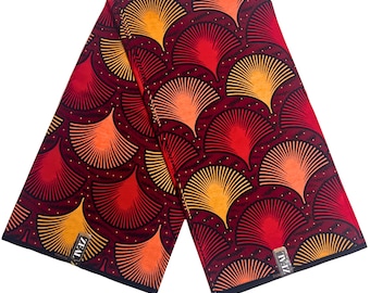 African Ankara Fabric 6 Yards |Red, burgundy Wax Print Cotton | African Print Fan Pattern | Dress Material & Headwrap Fabric