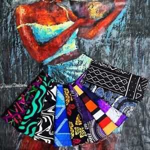 May include: An artistic painting of a person holding a bowl, with a fan of colorful patterned fabric in the foreground. The fabrics display various designs in black, white, blue, purple, and green.