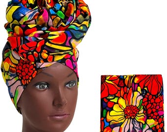 Floral Ankara Head Wrap – African Print Cotton Head Scarf 21x71, Colourful Headwrap, Large Turban Wrap, Gele Head Tie