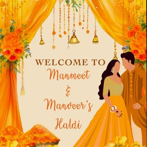 May include: A digital illustration of a wedding invitation with the text "WELCOME TO Manmeet & Manveer's Haldi." The design features a couple in traditional attire, surrounded by yellow floral and decorative elements.