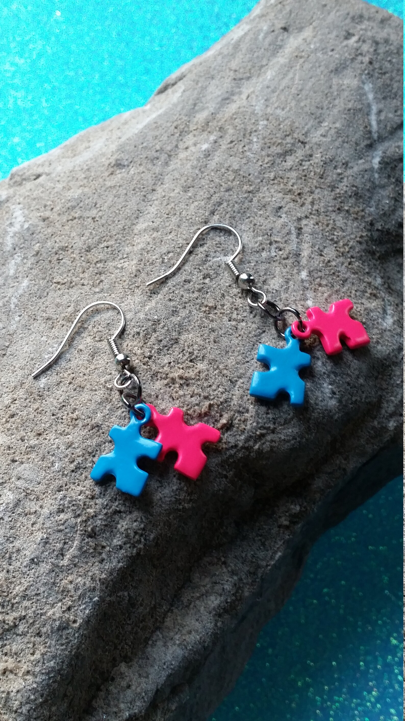 Puzzle Piece Earrings Tiny Puzzle Earrings Blue and Pink | Etsy