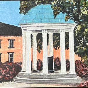 May include: A painting of a white, columned building with a blue roof. The building is surrounded by green trees and bushes. The building is a replica of the iconic Rotunda at the University of Virginia.