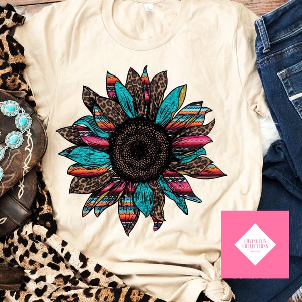 Leopard and Turquoise Sunflower T-shirt. DTF print colorful design.