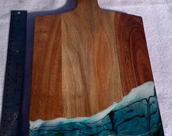 Charcuterie board, cheese tray, cutting board, gift, resin, handmade, art, kitchen, wood, house warming, green, waves, blue cells, planet