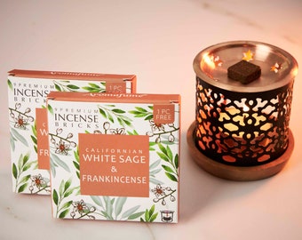 White Sage & Frankincense-Salvia Apiana- Incense Bricks + Tree of Life Exotic Burner by Aromafume | Ideal for Positivity | Smokeless Incense