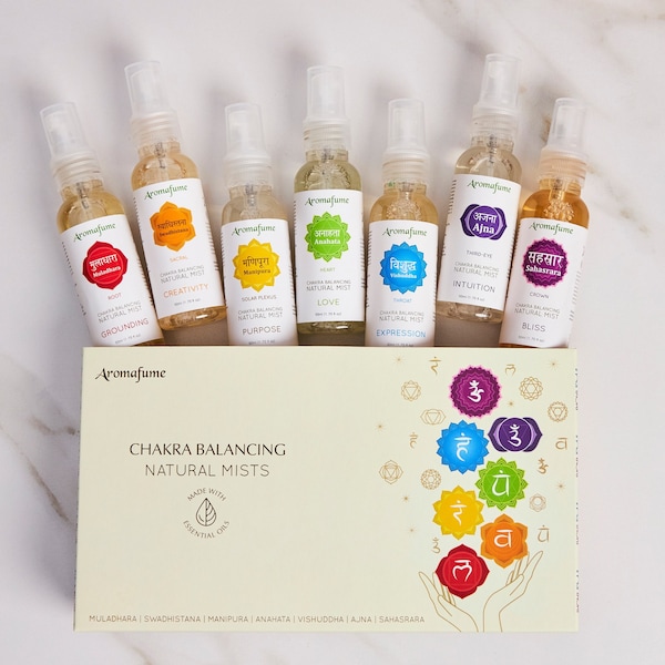 7 Chakra Natural Mist Spray Gift Set | Yoga & meditation | Align your chakras | Charged with Chakra Crystals | Grounding, Relaxation, Peace