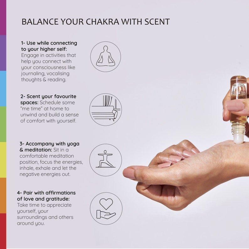 May include: A hand holding a clear glass bottle with a rollerball applicator. The bottle is labeled "Balance Your Chakra With Scent". The image includes four steps for balancing your chakras with scent, including connecting to your higher self, scenting your favorite spaces, accompanying with yoga and meditation, and pairing with affirmations of love and gratitude.
