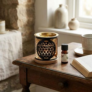May include: Aroma diffuser with a black and gold metal design, featuring the text "Aromafume". The diffuser sits on a wooden base, next to a small essential oil bottle and a book. The background includes a window and decorative vases.