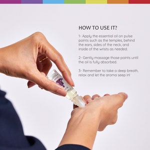 May include: A hand holding a clear glass roller bottle with a purple label and a gold cap. The label has a purple and gold design and the text "sine" in white. The text "HOW TO USE IT?" is visible above the hand. The text below the hand reads: "1- Apply the essential oil on pulse points such as the temples, behind the ears, sides of the neck, and inside of the wrists as needed. 2- Gently massage those points until the oil is fully absorbed. 3- Remember to take a deep breath, relax and let the aroma seep in!"