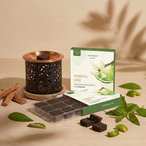 May include: An incense set with a black metal burner with a copper top, a box of Verbena Lime incense bricks, and loose bricks. The box shows a lime slice and flower graphic. Green leaves and lime wedges are scattered around.