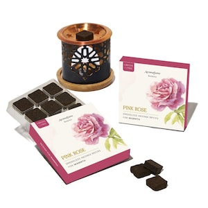 Aromafume Pink Rose Incense Bricks (2 Trays x 9 Pieces Each) with Persian Exotic Incense Diffuser