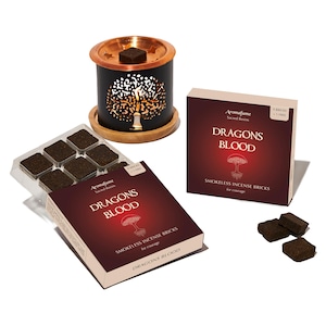 Aromafume Dragons Blood Incense Bricks (2 Trays x 9 Pieces Each) with Tree of Life Exotic Incense Diffuser