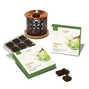 May include: A set of smokeless incense bricks in a green and white box with a floral design. The box says "Verbena Lime" and "Smokeless Incense Bricks for Comfort". There are also loose incense bricks and a black metal incense burner with a copper top.