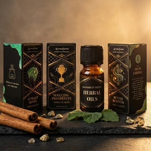 May include: Three black rectangular boxes with gold geometric patterns and a small amber glass bottle with a black cap. The boxes are labeled Aromafume Attract Money, Success Prosperity, and Better Business. The bottle is labeled Manifest With Herbal Oils.