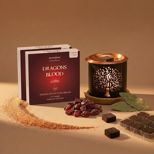 May include: Aromafume Dragons Blood smokeless incense bricks with a black and copper incense burner. The burner has a tree of life design. The image also shows loose resin and incense bricks.