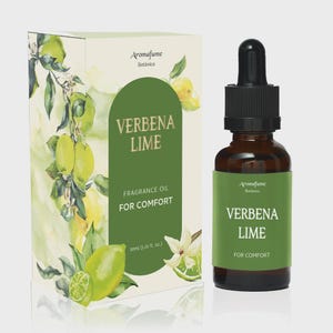May include: A brown glass bottle of Verbena Lime fragrance oil with a black dropper, next to a matching box. The box and label feature green and white text and illustrations of limes and flowers. The bottle contains 1.01 fl oz.