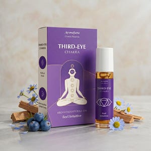 May include: Aromatherapy roll-on and box with the text "Third-Eye Chakra" in purple. The box features a meditating figure and the words "Feel Intuitive". Blueberries, flowers, and wood pieces are arranged around the products.