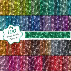 May include: A digital paper pack featuring 100 glass marble patterns in various colors. The image includes a variety of seamless digital paper JPGs, each approximately 12x12 inches in size, with a resolution of 300 DPI.