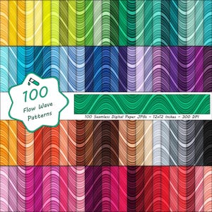 May include: A set of 100 seamless digital paper JPGs with a flow wave design. The patterns display a range of colours, such as yellow, green, blue, purple, and red. Each paper is approximately 30.48 x 30.48 cm.