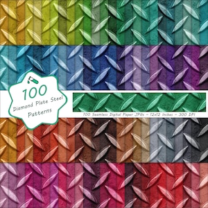 Può includere: Un set di carte digitali con 100 motivi a piastra diamantata in acciaio in vari colori. Ogni motivo misura 30,48 x 30,48 cm e ha 300 DPI. L'immagine mostra una varietà di colori, tra cui verde, blu e rosso.