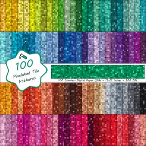 May include: A collection of 100 pixelated tile patterns in various colors, including yellow, green, blue, purple, orange, and pink. The image includes the text "100 Pixelated Tile Patterns" and "100 Seamless Digital Paper JPGs ~ 12x12 Inches ~ 300 DPI".