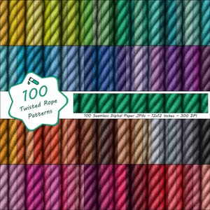May include: A digital paper set featuring 100 twisted rope patterns in various colors, including yellow, green, blue, purple, and pink. The image includes the text "100 Twisted Rope Patterns" and "100 Seamless Digital Paper JPGs ~ 12x12 Inches ~ 300 DPI".