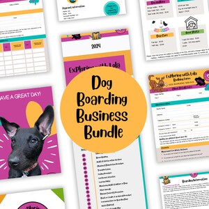 Könnte beinhalten: Ein gelber Kreis mit dem Text "Dog Boarding Business Bundle" in schwarzer Schrift. Das Bild zeigt außerdem mehrere Dokumente mit Informationen über Hundepensionen, einschließlich Preisen, Pflegeanweisungen und einem Buchungsformular. Die Dokumente sind in einem rosa und gelben Farbschema gestaltet und zeigen Illustrationen von Hunden.