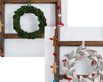 Corona de fieltro con hojas verdes, corona navideña, decoración para puertas, regalo de Navidad, regalo de inauguración de casa, corona festiva, regalo para mamá, decoración del hogar, corona hecha a mano