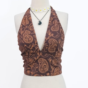 Reversible Cotton Halter Bralette, Handmade Boho Crop Top, Paisley Sun Moon Print, Fairycore Festival Top , Adjustable Tie Back