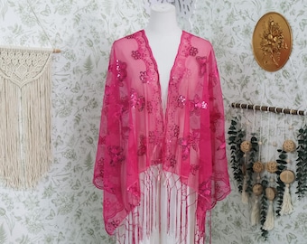 Schmetterlingsbestickter Spitzenfransenschal, transparenter Netzschal, Festival-Hexenschal, glitzernder Vintage-Schal, Boho-Chic-Paillettenschal