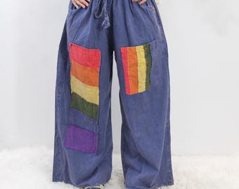 Pantalones anchos con patchwork arcoíris, pantalones de algodón lavado a la piedra, pantalones estilo boho para festivales, ropa hippie, pantalones coloridos con bolsillos.