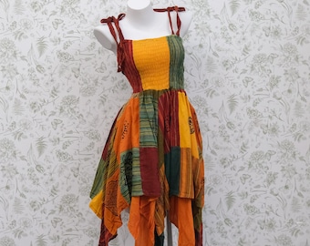 Patchwork elfjesjurk, katoenen feeënjurk, boho heksenjurk voor de zomer, handgemaakte jurk en rok in één, speelse outfit, zwierige festivaljurk