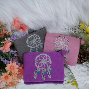 Bolsa de feltro Dream Catcher, bolsa de moedas de feltro de agulha, bolsa de feltro artesanal, carteira de feltro, bolsa de troca, bolsa de troca com zíper, bolsa de moedas de feltro pompom