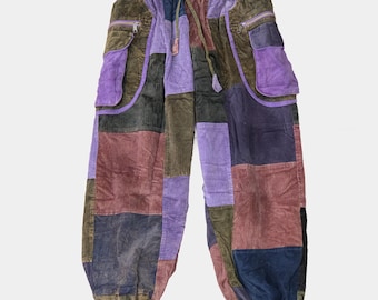 Handmade Patchwork Corduroy Cargo Pants, Stonewashed Baggy Tapered Pants, Boho Festival Hippie Pants with Large Zipper Pockets, Unisex