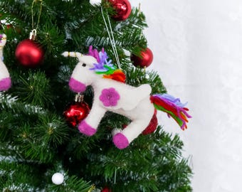 Rainbow Unicorn Ornament, Whimsical Unicorn Ornament, Felt Xmas Ornament, Tree Decor, Fair Trade Ornament, Biodegradable Ornament, Felt Gift