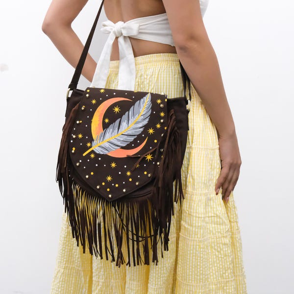 Borsa a tracolla in cotone con frange, borsetta dipinta con luna celeste, borsa da festival hippie, borsa a spalla western con frange, borsa a mano boho con molteplici tasche