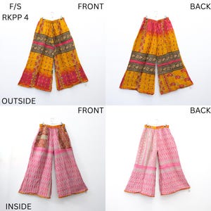 May include: Four views of wide-leg pants with a vibrant, patchwork design. The pants feature a mix of yellow, pink, and brown fabrics with intricate patterns. The text "F/S RKPP 4" is visible in the top left corner. The pants are displayed on a white background.
