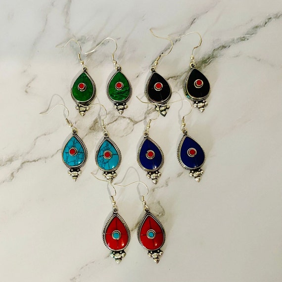 Boucles D'oreilles Turquoise Argentées - Artisanat Tibétain, Pierres Vertes, Style Boucle