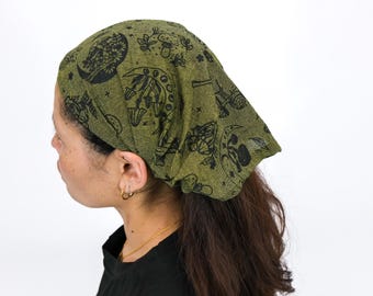 Mushroom Celestial Head Wrap, Handmade Cotton Hair Wrap, Unisex Hair Coverings, Bohemian  Witchy Headwrap, Stretchy Earthy Headband