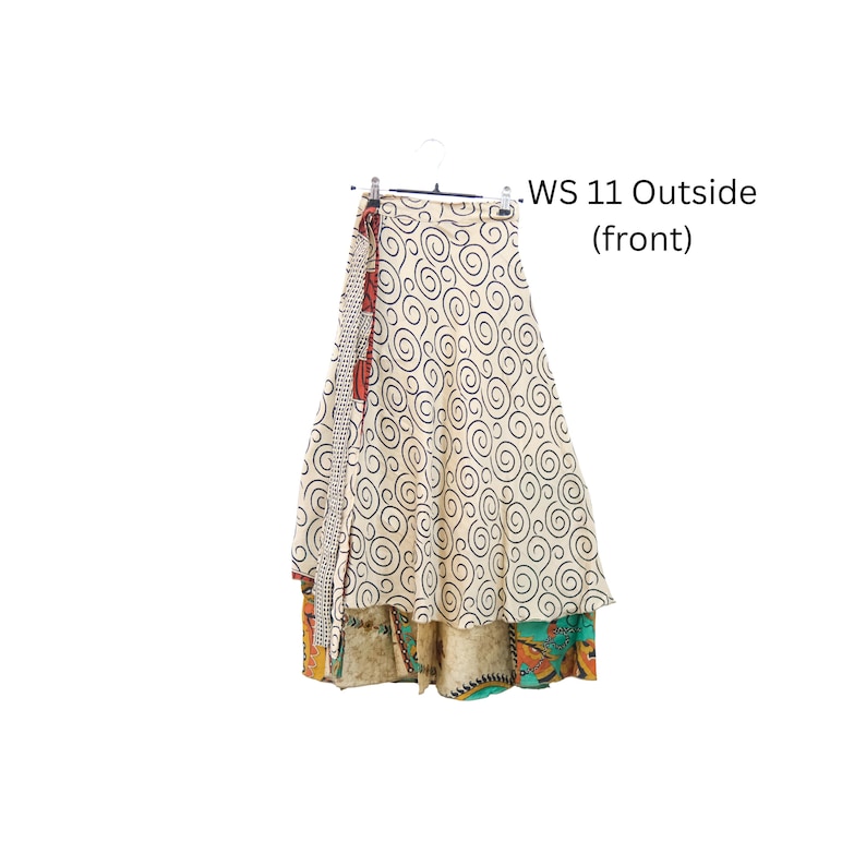 Omkeerbare boho-wikkelrok, maxirok gerecyclede sari, zijden hippierok, festivaloutfit, unieke kleding afbeelding 10