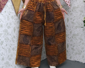 Patchwork Cotton Ribbed Wide Leg Pants, Earthy Boho Hippie Flare Pants with Pockets, Stonewashed Palazzo Pants, One of a Kind Patch Pants